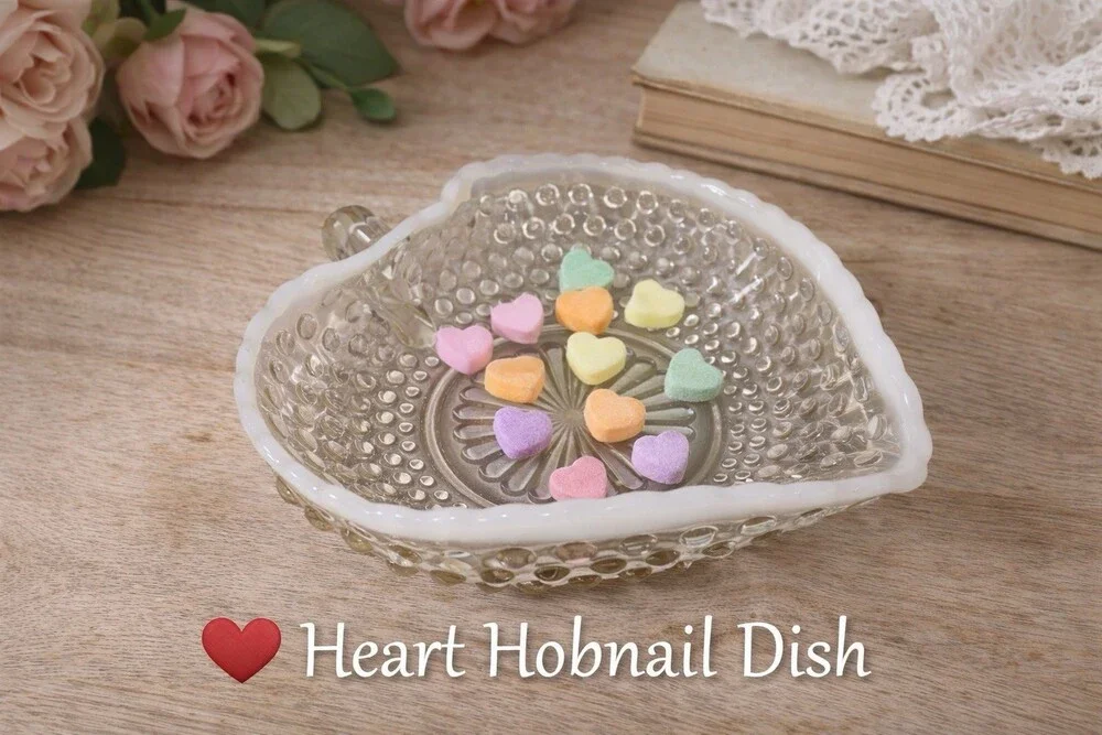 Vintage Hobnail Heart Glass Dish White Crest Rim Fenton Style 7” Bowl